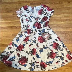 Girls White Floral Fit-and-Flare Dress with Red Roses
